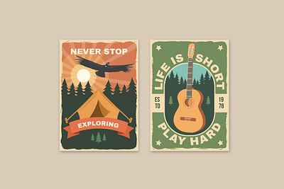 Outdoor Adventure Posters adventure banner camp camping camping tent condor family guitar hike hiking illustration outdoor poster tent travel vector