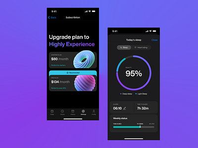 Plan page and sleep rating for sleep control app 3d app dar dark gradients illustration plan price sleep statistic ui ux