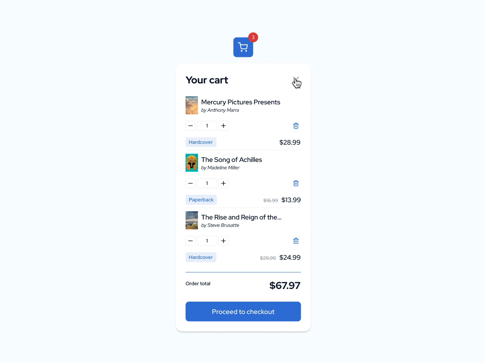 Shopping cart dropdown and button animation / Daily UI 58 bookshop buy cart dailyui dailyuichallenge design e commerce figma goods sell shop store ui web design website