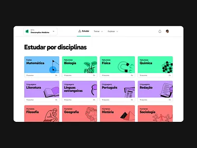 LMS with school subjects cards design illustration interface learning lms menu school subjects ui ux web white mode