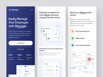 Managie - SaaS Landing Page Responsive 💼 app chart dashboard design employee hr hr management job landing page minimal responsive saas saas app saas landing page ui ux web