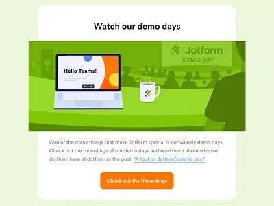 Demo Days banner blog post branding community compay corporate day demo design email employee illustration internal jotform newsletter people resource watch workshop zoom