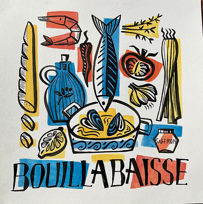 Bouillabaisse advertising baguette branding design editorial fish france garlic graphic design illustration logo mussels tomato typography