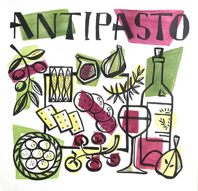 Antipasto advertising branding charcuterie design editorial graphic design grazing board illustration logo mozzarella olives typography wine