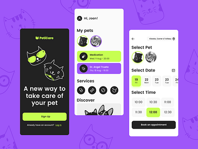 PetiCare | A new way to take care of your pet appdesign apphome bookappointment branding calendar cat cats dashboard health home screen illustration inspiration minimal mobile onboarding petcare pets ui veterinary