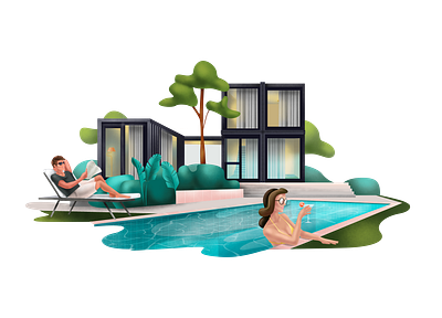 Landing Page Illustration adobeillustrator art couple couplebythepool design graphic house illustration landingpage landingpageillustration likakedelashvili likawallace manandwoman pool