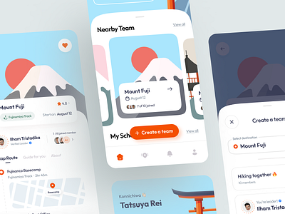Mountca' - Hiking App adventure booking camp camping community design hiking mobile app mountain outdoors team team management tourism track travel trip trip planner ui ux vacation