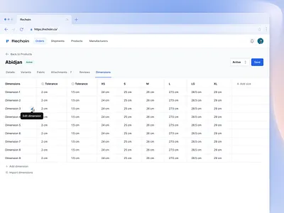 Product Dimensions Settings Page blue fashion app fashion product figma interactions light mode minimal product design saas table tabs ui design ux ui web