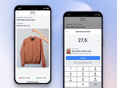 Completing Dimension Check - Mobile App blue check completing task dialog fashion app figma flow inspector ios iphone mobile modal product design saas slide up sheet ui ui design ux ui