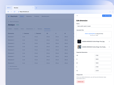 Slide-Over Panel - Edit Product Dimensions Form blue dialog edit edit form fashion app figma form modal panel product design saas side panel slide over ui design ui ux web