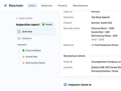 Order Inspection Report Nav & Details blue fashion figma inspection light mode manufacturing minimal platform product design report saas ui ui design ux ui