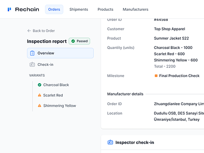 Order Inspection Report Nav & Details blue fashion figma inspection light mode manufacturing minimal platform product design report saas ui ui design ux ui