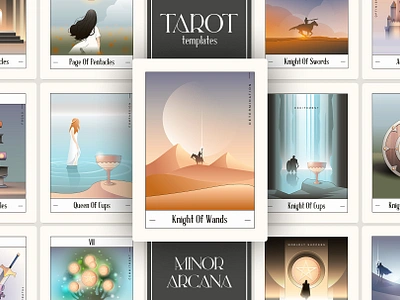 Tarot Card Templates- Minor Arcana astrology branding card design coins game design horoscope illustration king knight minor arcana occult playing cards queen swords tarot tarot cards tarot deck templates ui vector