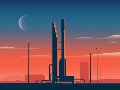Rocket spaceship at sunset preparing for launch astronaut center control discovery expedition flight future launch mission moon rocket science ship shuttle sky space spaceship start travel