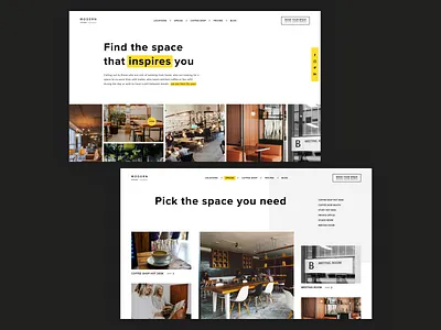Modern Studio offering coworking spaces adobexd blackandyellow bny branding co working cofeeshop figma graphic design homepage landingpage logo modernstudio officespace sketch uidesign uiux uxdesign uxpin webdesign website