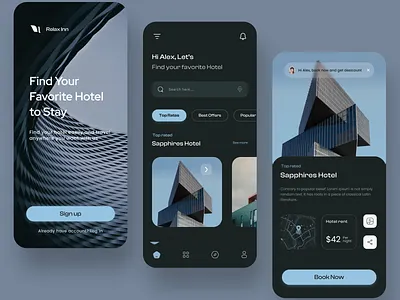 Booking Mobile App UI Concept app design application blue booking clean clean ui dark hotel hotel app hotel booking minimal mobile mobile app reservation tourism travel travel agency ui ui resort ux ui