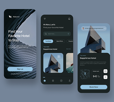 Booking Mobile App UI Concept app design application blue booking clean clean ui dark hotel hotel app hotel booking minimal mobile mobile app reservation tourism travel travel agency ui ui resort ux ui