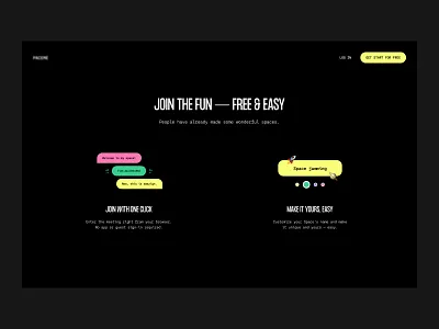 Custom illustrations for landing page design app chat dark design design on demand figma green illustration landing page play space startup typography ui unlimited ux virtual web design yellow