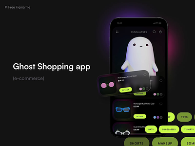 Ghost shopping app (e-commerce) + freebie 3d animation app blender blur dark theme design ecommerce flat halloween illustration inspiration modern shop shopping simple ui