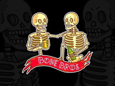 Bone Bros beer bone cartoon design drink drunk friendship illustration logo logo mascot mascot logo psychedelic red skeleton skeleton mascot skull skull mascot sticker sticker design sticker illustration