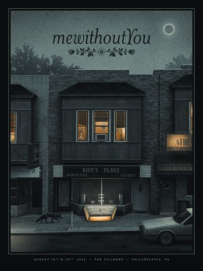 mewithoutYou Final Show Poster band band poster concert poster fox gig poster illustration mewithoutyou mysterious mystery night philadelphia screen print screenprint store storefront street