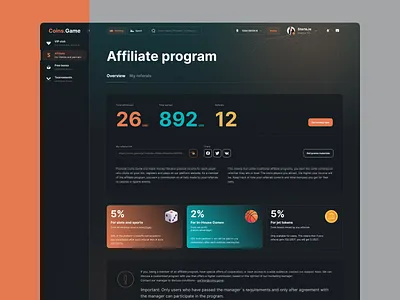 Online gaming platform: Affiliate program page design dark theme ga game gaming ui ux web design