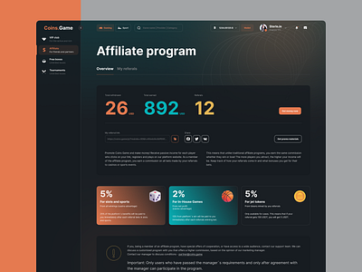 Online gaming platform: Affiliate program page design dark theme ga game gaming ui ux web design