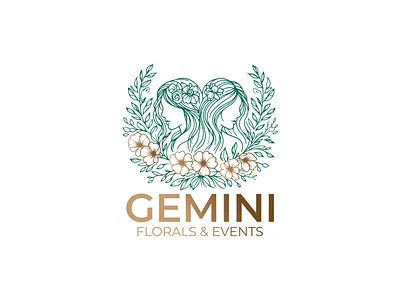 Gemini Woman Face with Gold Flowers Logo celestial