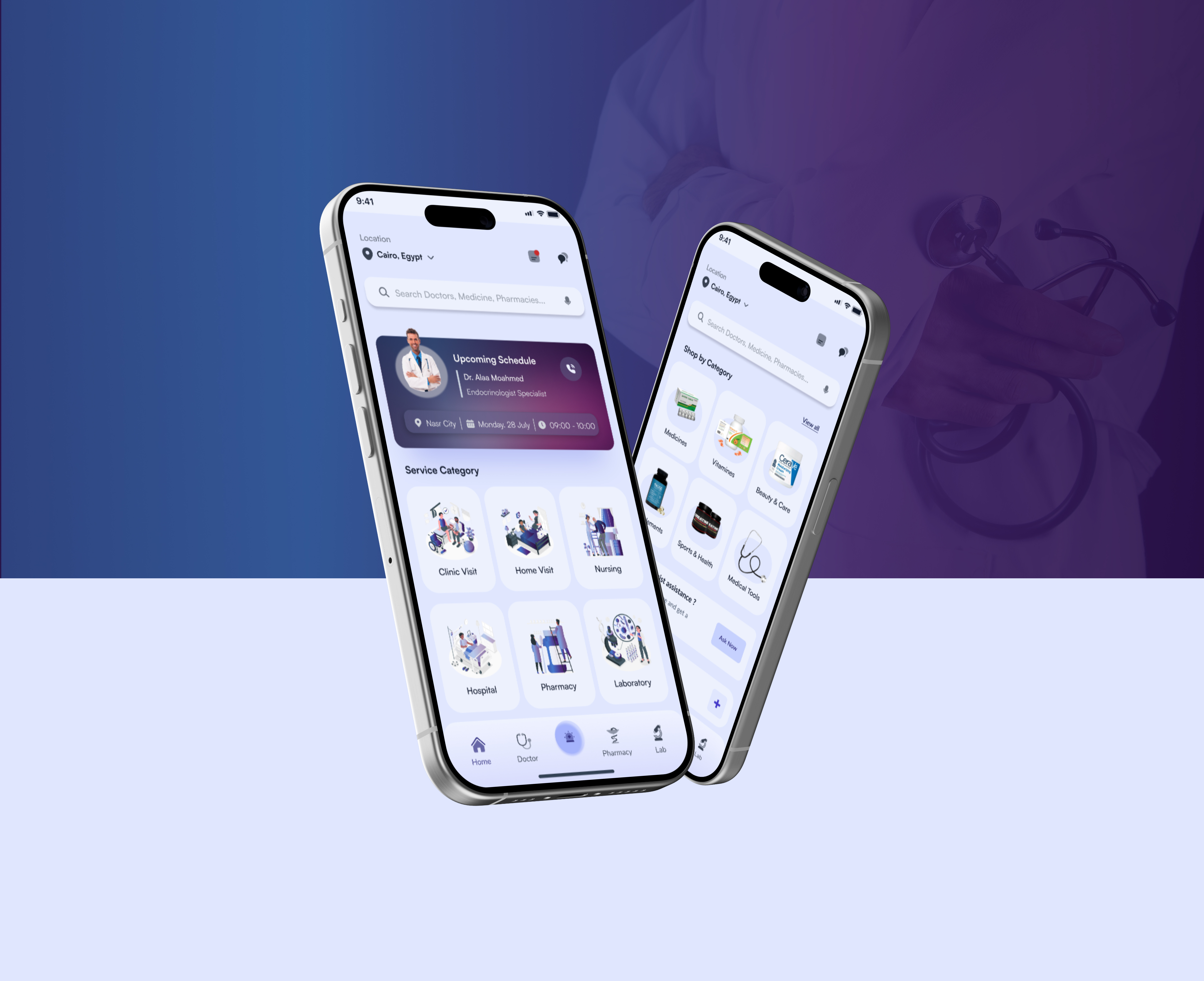 MedXpert - Medical App app blue branding care design health illustration landing page medical purple ui ux wallness