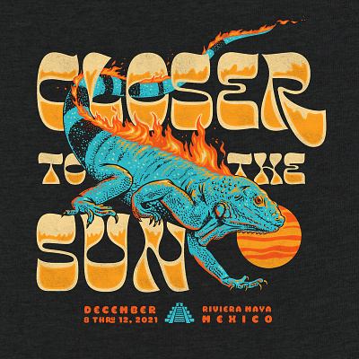 Closer To The Sun Festival Tee concert fire hot iguana illustration mexico riviera maya sun t shirt tee temple