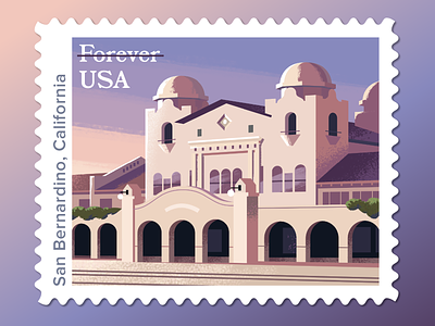 USPS Stamps: San Bernardino Station architecture california color down the street down the street designs dts dts designs illustration postage print stamp stamps trains usps