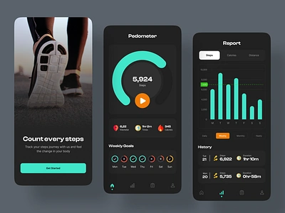 Pedometer App Design android app design dark mode fitness fitness tracker health ios iphone minimalist mobile pedometer sport user interface walk