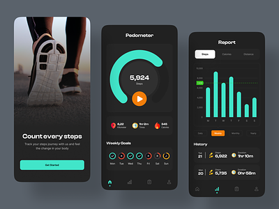 Pedometer App Design android app design dark mode fitness fitness tracker health ios iphone minimalist mobile pedometer sport user interface walk