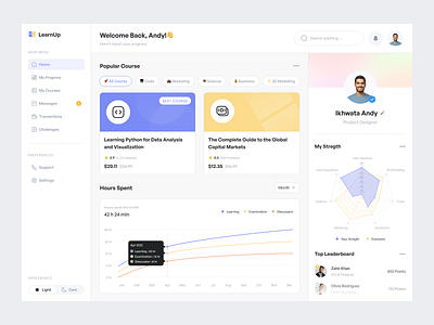 LearnUp - Learning Dashboard app chart course dashboard e learning edtech education education platform gradient leaderboard learning lessons minimal online course profile student udemy web app web design