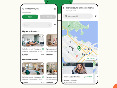 Roommate & Flat Finding App: Home, Search result app design home mobile room ui ux