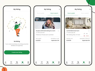 Roommate & Flat Finding App: Listing page app design home listing mobile room ui ux