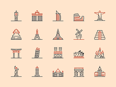 Landmark and monument icons berlin big ben buildings capitol hall church eiffel tower france icon set icons illustrations landmarks line icons mayan pyramid monuments mosque notre dame pictograms pisa tower tower visuals