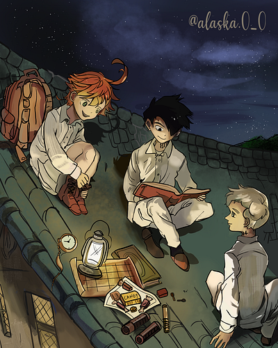 Emma, Ray and Norman from The Promised Neverland anime app design emma fanart illustration krita norman raster art ray thepromisedneverland tpn