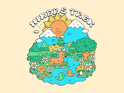Hikers Trek print for t-shirt adventure cartoon character cute flower forest hiking illustration kawaii mountain mushroom nature print river sun t shirt tee travel trip wild