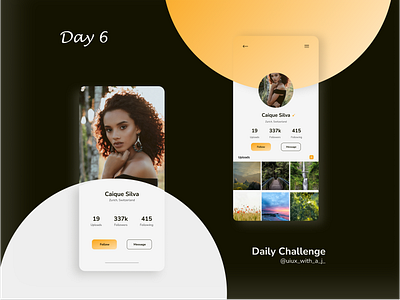 Social Media app Ui adobe xd app app ui black branding comment dark design dribbble figma instagram like photos social social media ui user user profile white yellow