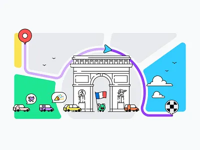 Waze Tour de France illustration arc de triomphe branding cars character editorial france google illustration line map navigation route shapes tour de france waze