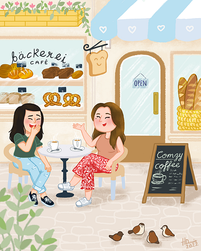 Coffee with BFF cartoon character cute digitalart illustration