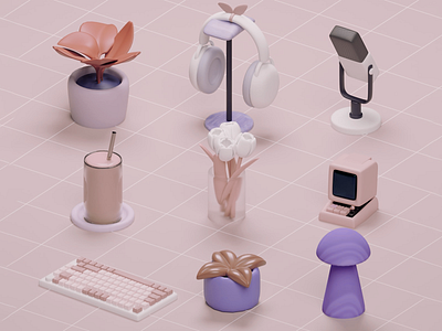 Aethetic Pink Desk Details - 3D Model 3d design 3d model 3d rendering abstract aesthetic coziness desk coziness desk details desk setup headphones home office micro details micro living microphone mini computer mini objects minimalistic office desk pink pink palette