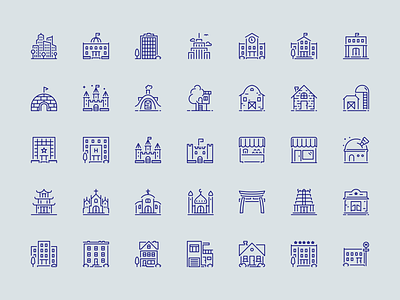 Building icons barn building icons buildings castle city figma icons hospital house icons igloo line icons office police station school skyline skyscraper stroke icons temple townhall treehouse