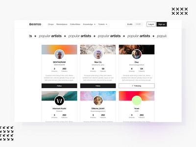 NFT marketplace – Artist profiles art cards crypto figma followers home page nft product design profile sbt ui user web 3