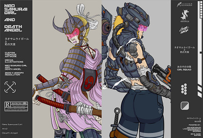 Neo Samurai & Death Angel assault riffle cyberpunk death angel design girl squad graphic design gun illustration japan katana mecha samurai sniper riffle weapon