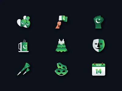 Independence Day 14 August Icon Set 14 auguest 1997 75 aug azadi calander cloth flag fourteen august green hand heart icon set independence day mask mubarakh pakistan
