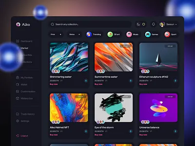AIKO NFT Crypto Web Marketplace 3d animation blockchain clean concept crypto dark mode dark theme dashboard defi design system home page inspiration marketplace mobile app nft ui design ux design web design web3