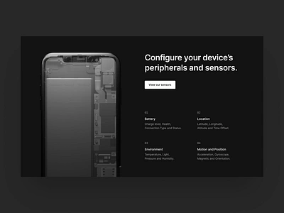 Corellium Website — Sensors Concept android animation battery configure corellium customize ios iphone landing page phone research security sensors testing training virtual virtualize web website