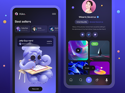 NFT app concept app blockchain clean colorful concept crypto dark mode dark theme defi home screen illustration interaction marketplace minimal mobile nft profile token ui design ux design